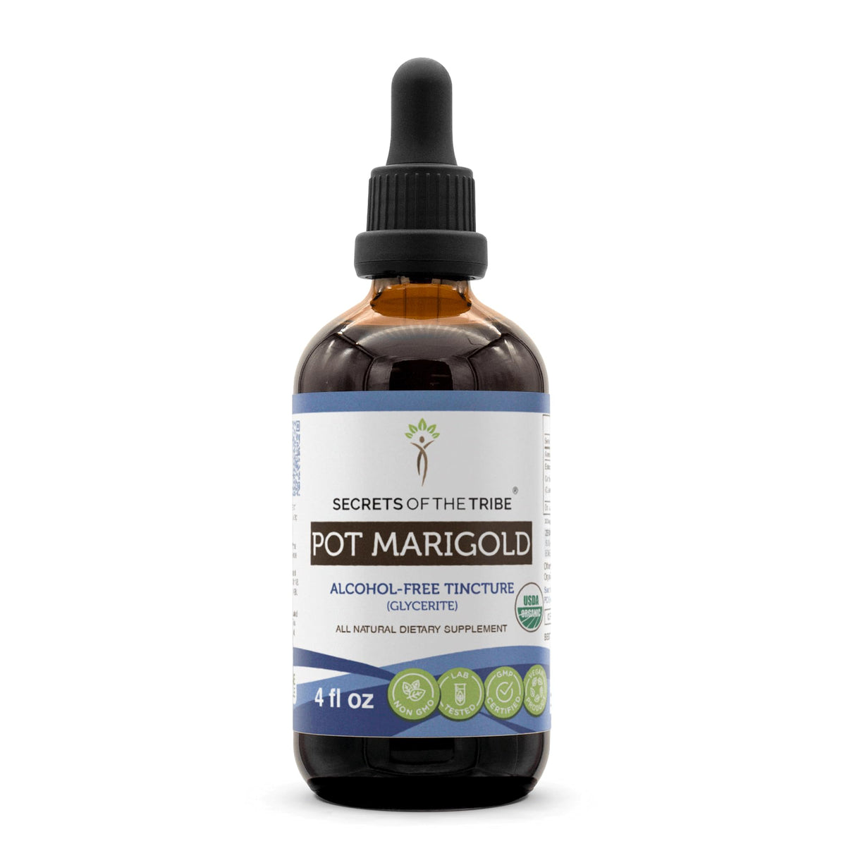 Secrets of the Tribe Pot Marigold bottle with dropper for alcohol-free, high-potency extracts.