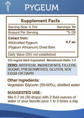 Secrets of the Tribe Pygeum Tincture dried bark highlights wildcrafted origin and purity.