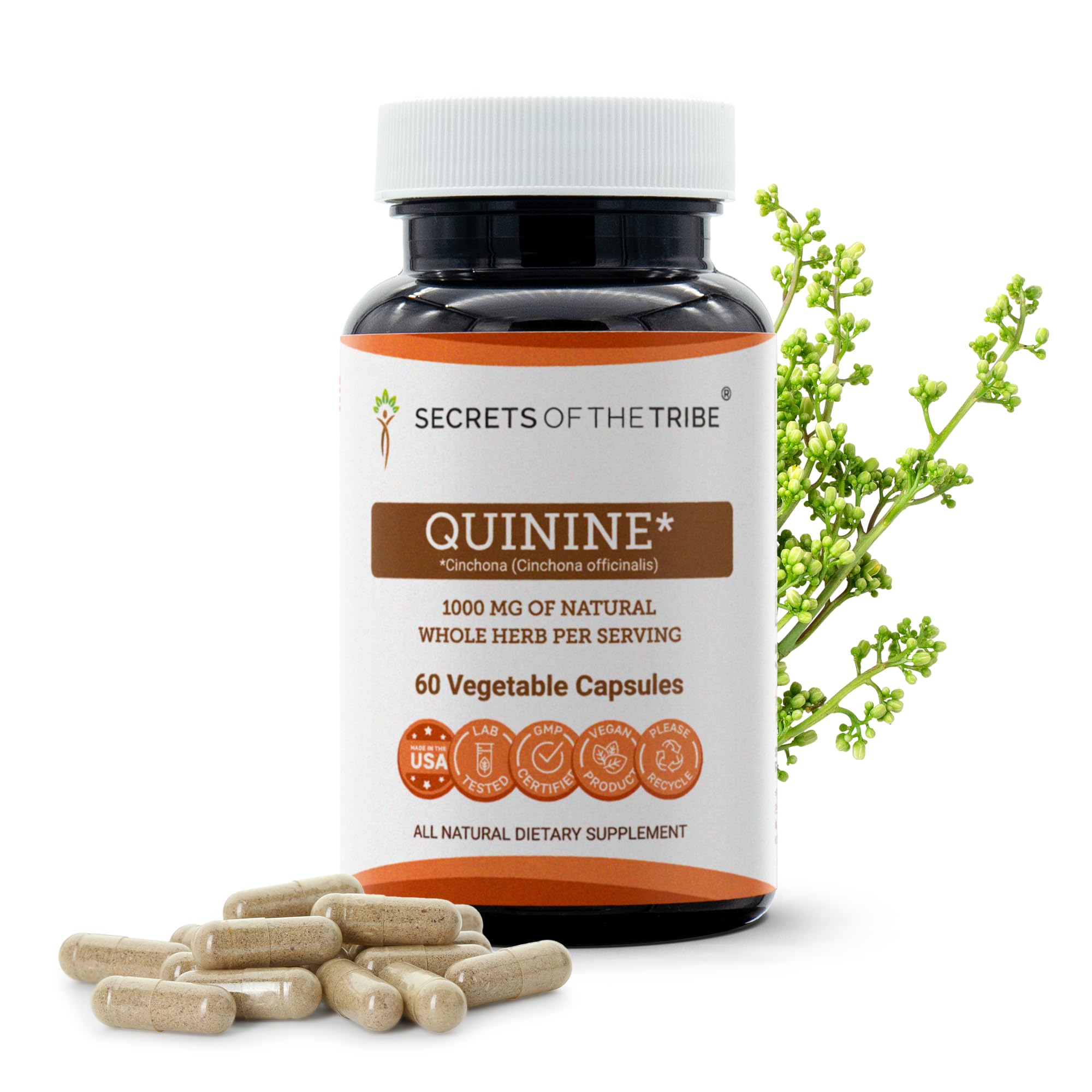 Secrets of the Tribe quinine capsules bottle, 60-count, for leg cramp support.
