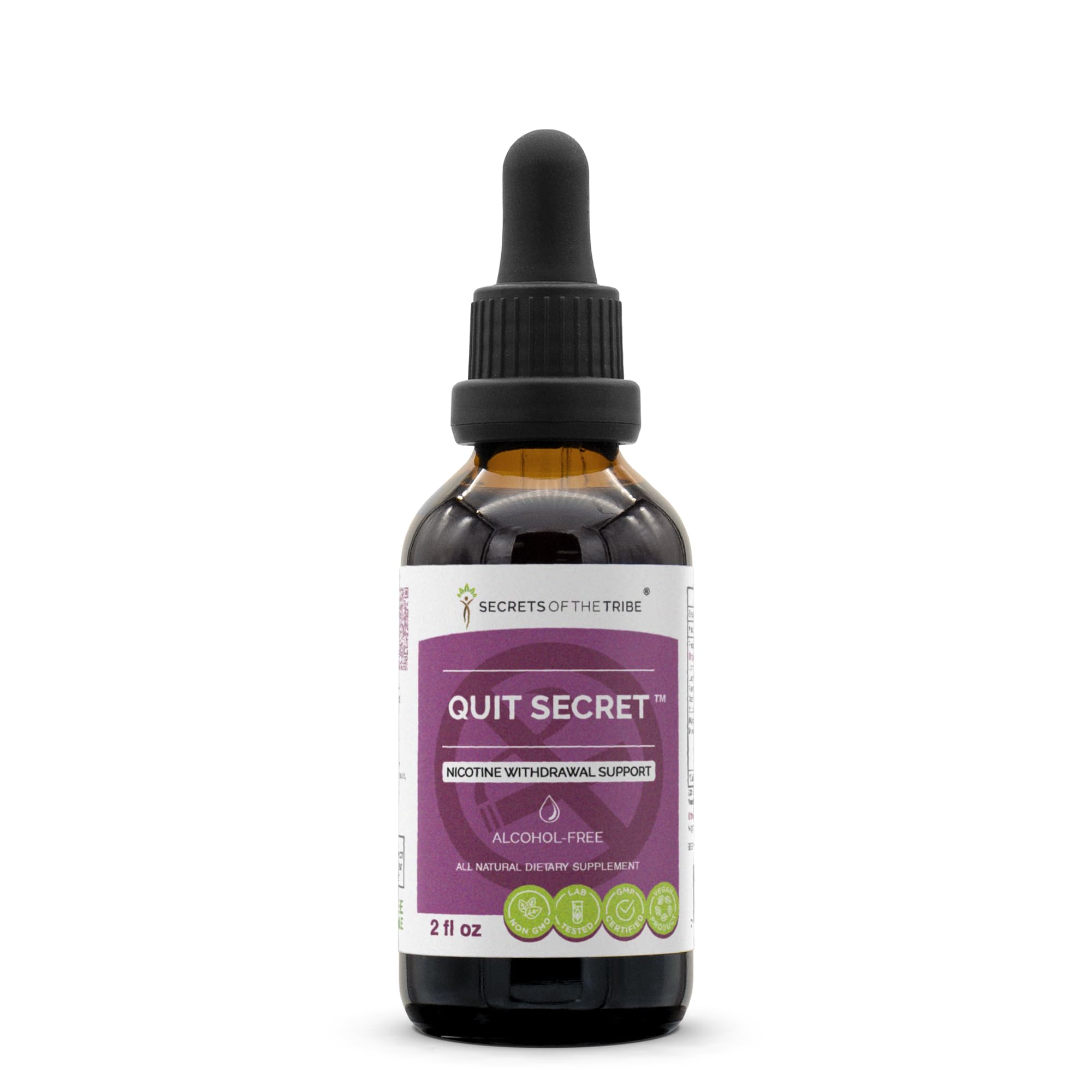 Secrets of the Tribe Quit Secret Alcohol-Free Extract bottle on a neutral backdrop.