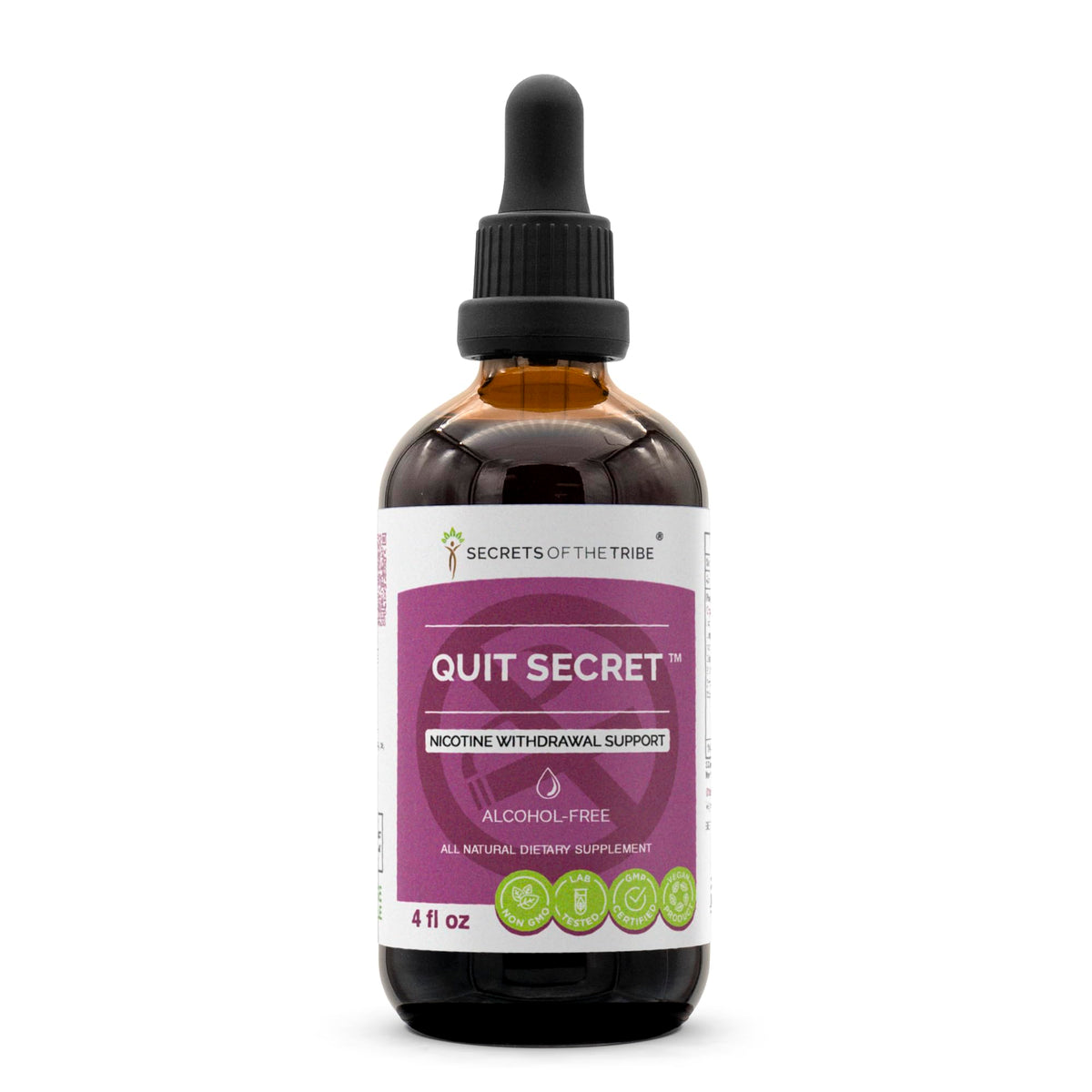 Secrets of the Tribe Quit Secret bottle close-up, alcohol-free tincture for easy daily use.
