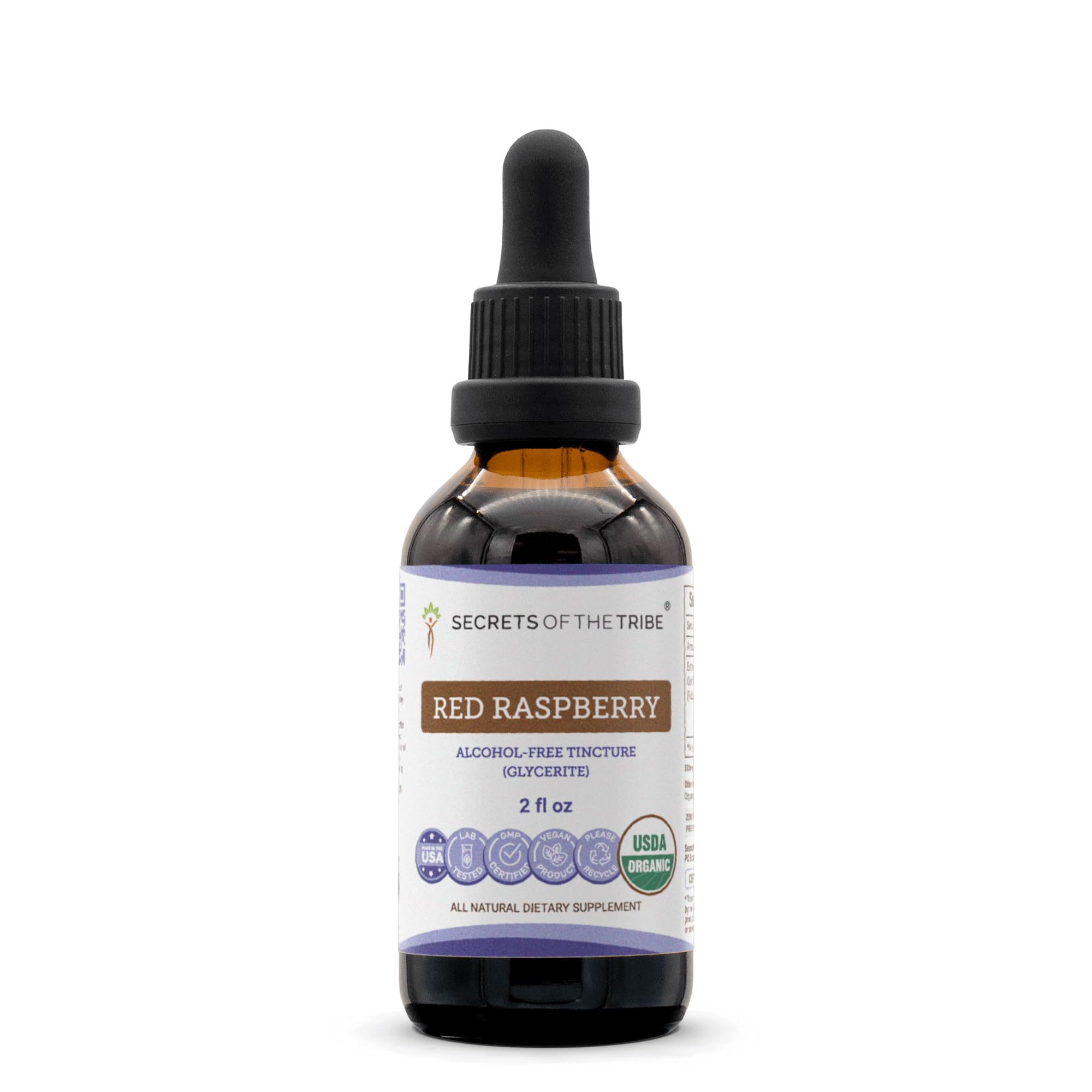 Secrets of the Tribe Red Raspberry bottle-front shows pure organic, alcohol-free drops.