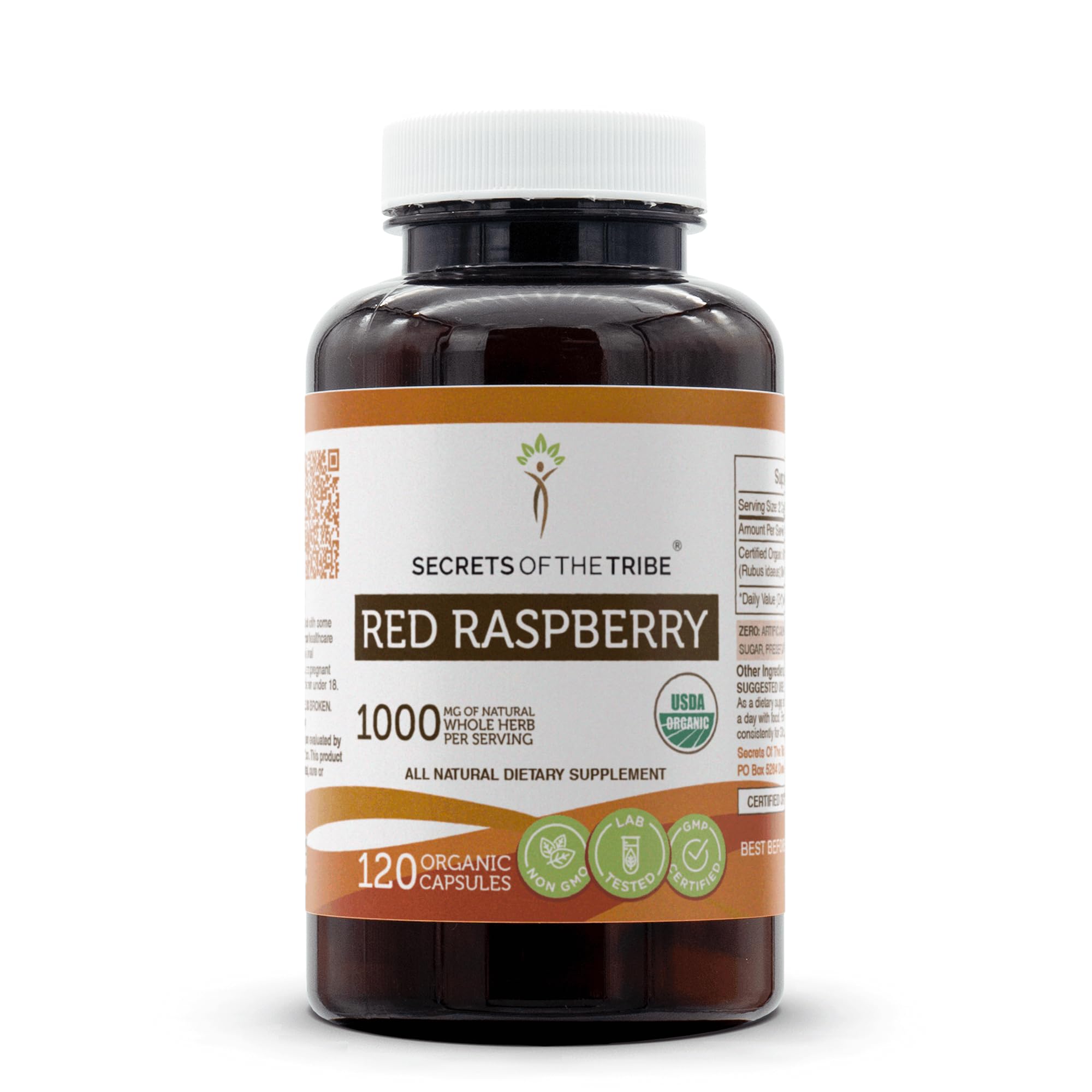 Secrets of the Tribe red raspberry capsules bottle highlighting organic vegetarian formula