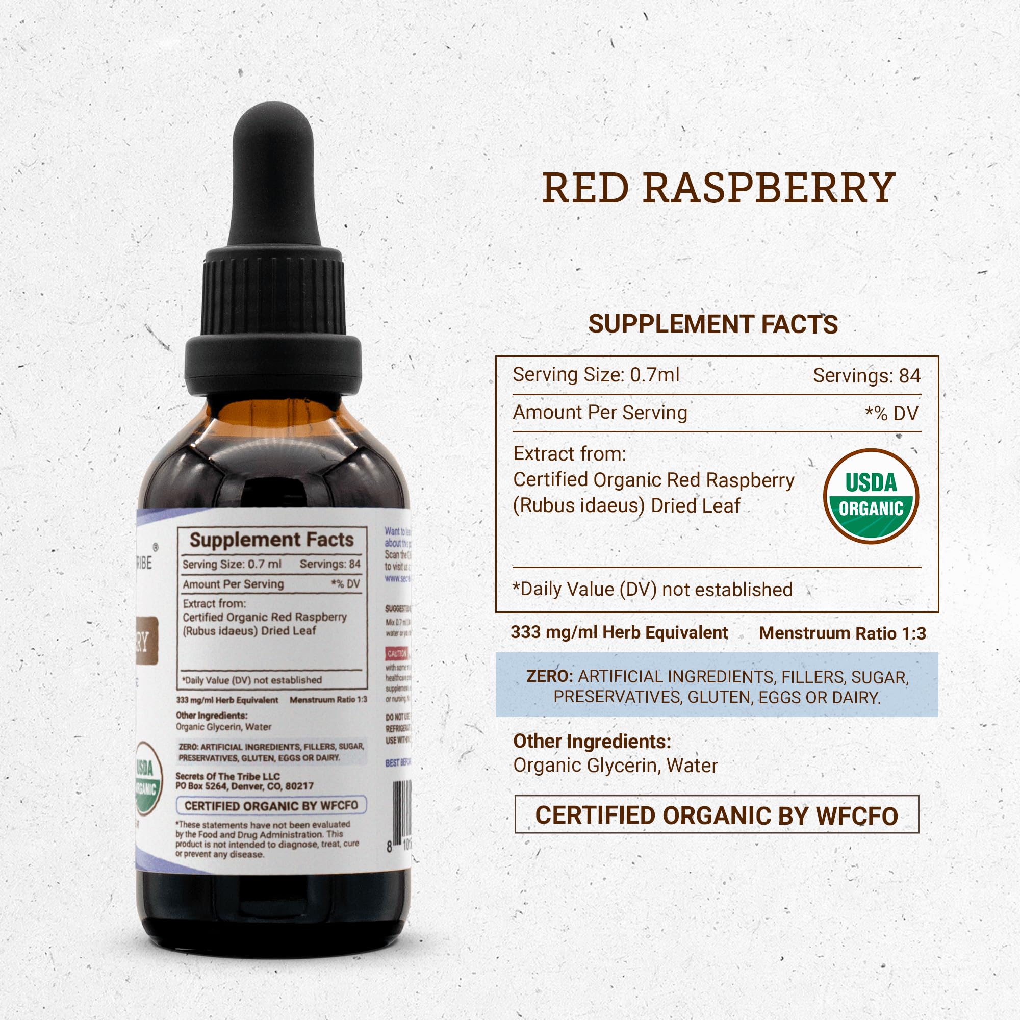 Secrets of the Tribe Red Raspberry dried-leaf close-up emphasizes natural sourcing and purity.