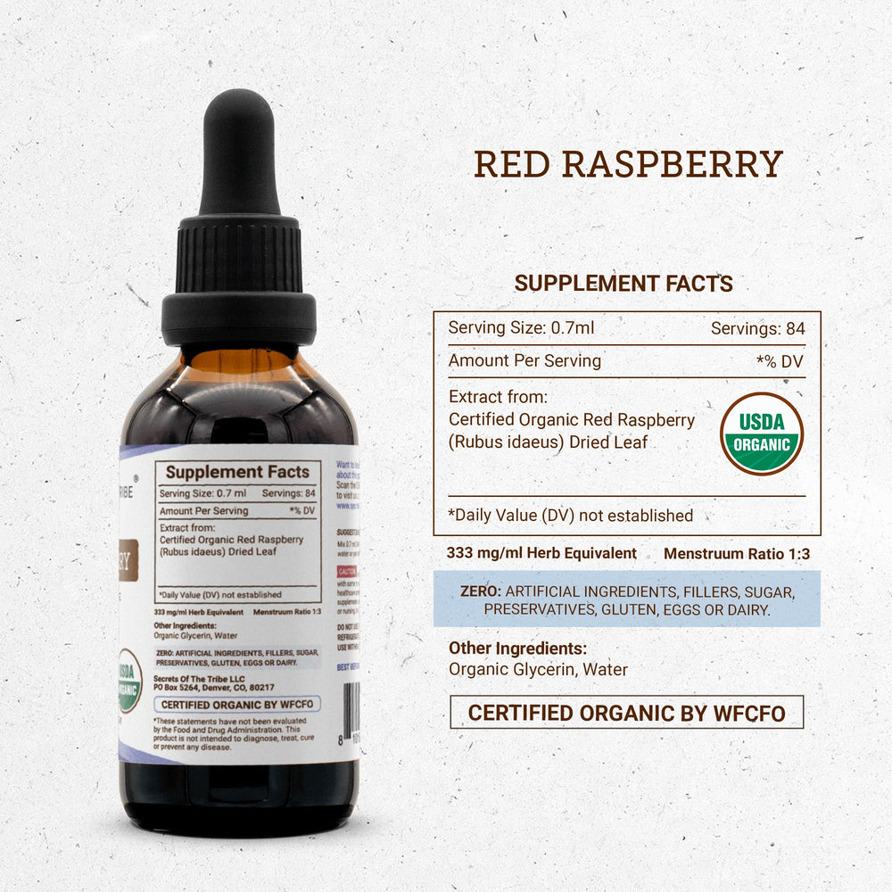 Secrets of the Tribe Red Raspberry dried-leaf close-up emphasizes natural sourcing and purity.