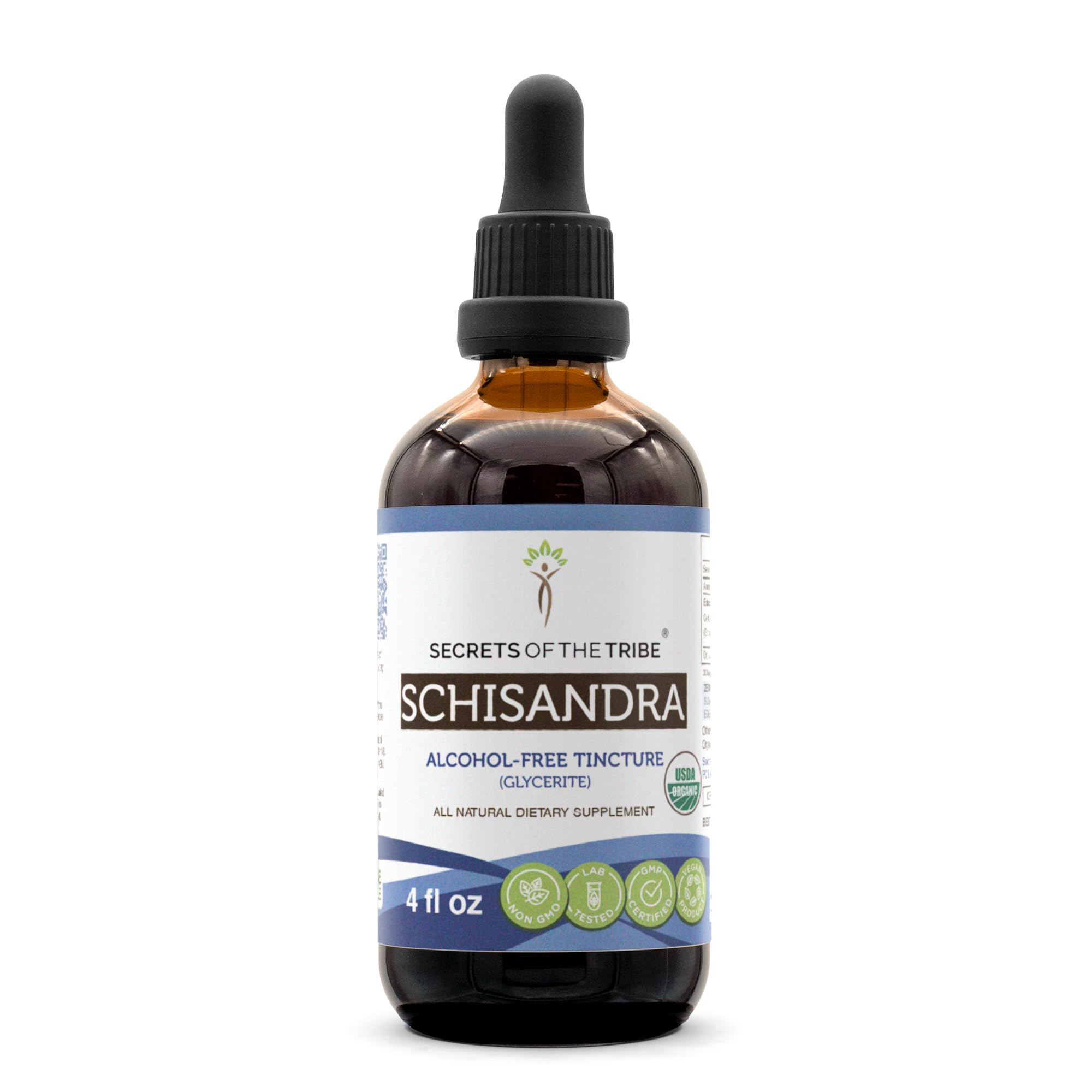 Secrets of the Tribe Schisandra bottle pour; alcohol-free, high-potency extract.