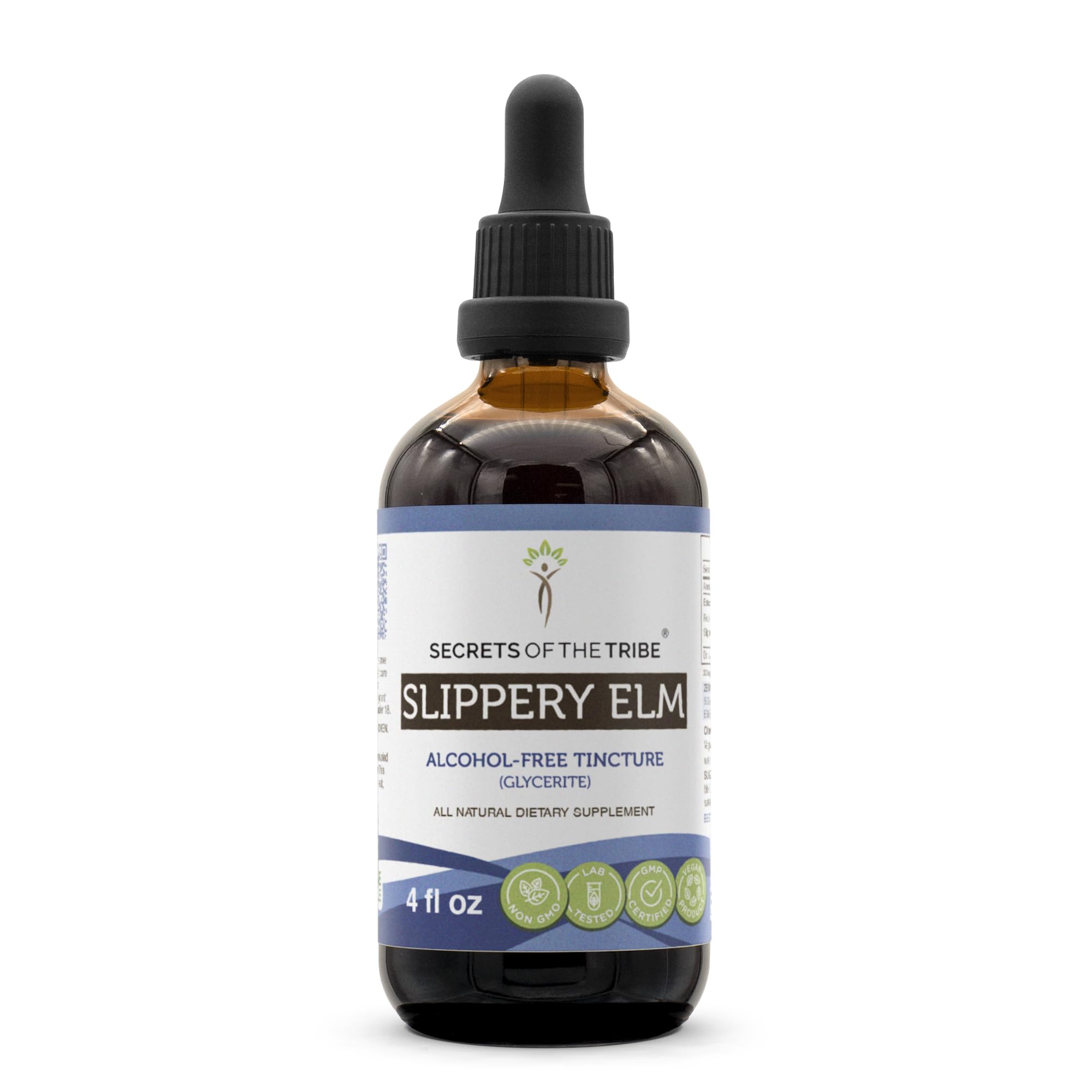 Secrets of the Tribe Slippery Elm bottle with dropper for convenient, alcohol-free use