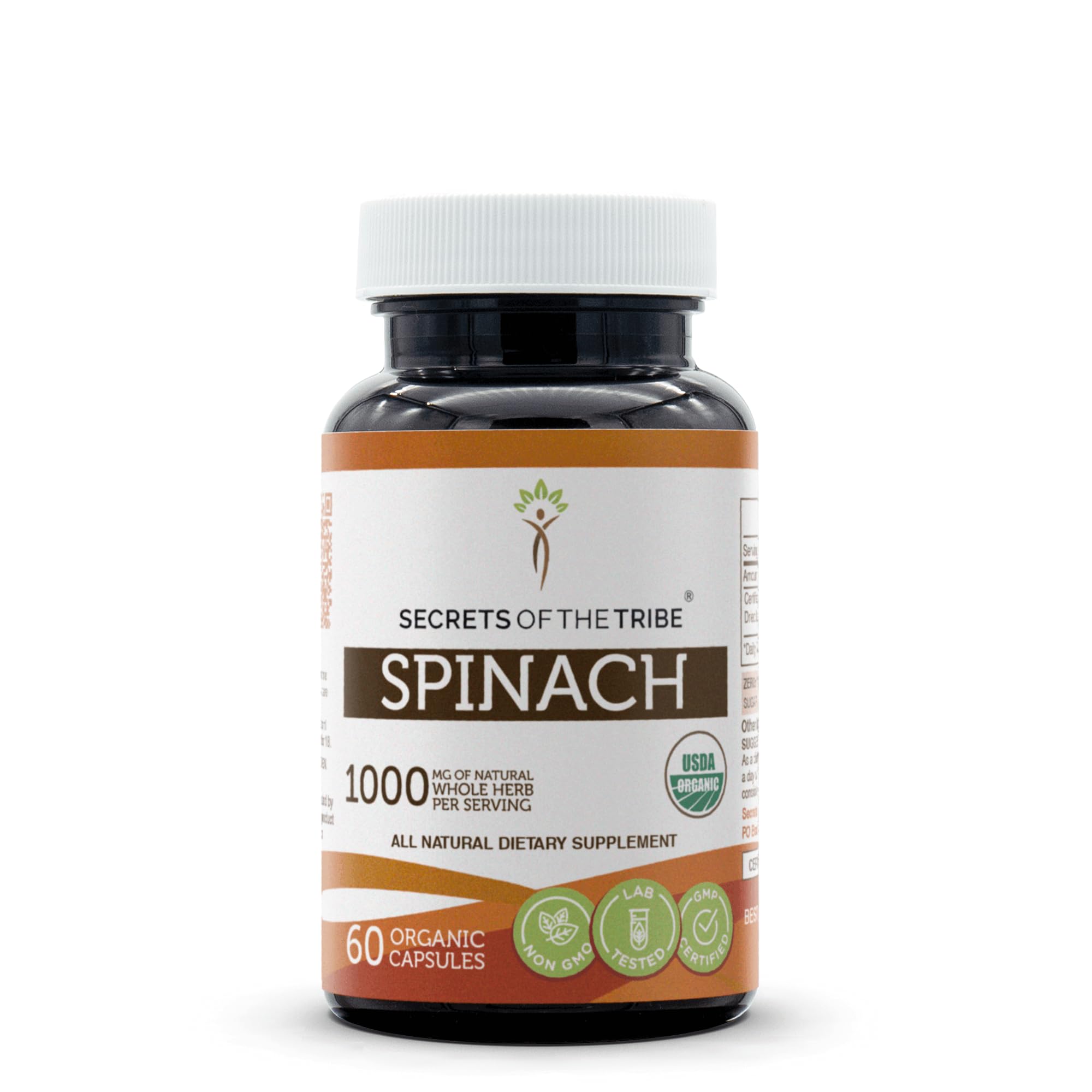 Secrets of the Tribe spinach bottle: 60 capsules for daily nutritional support.
