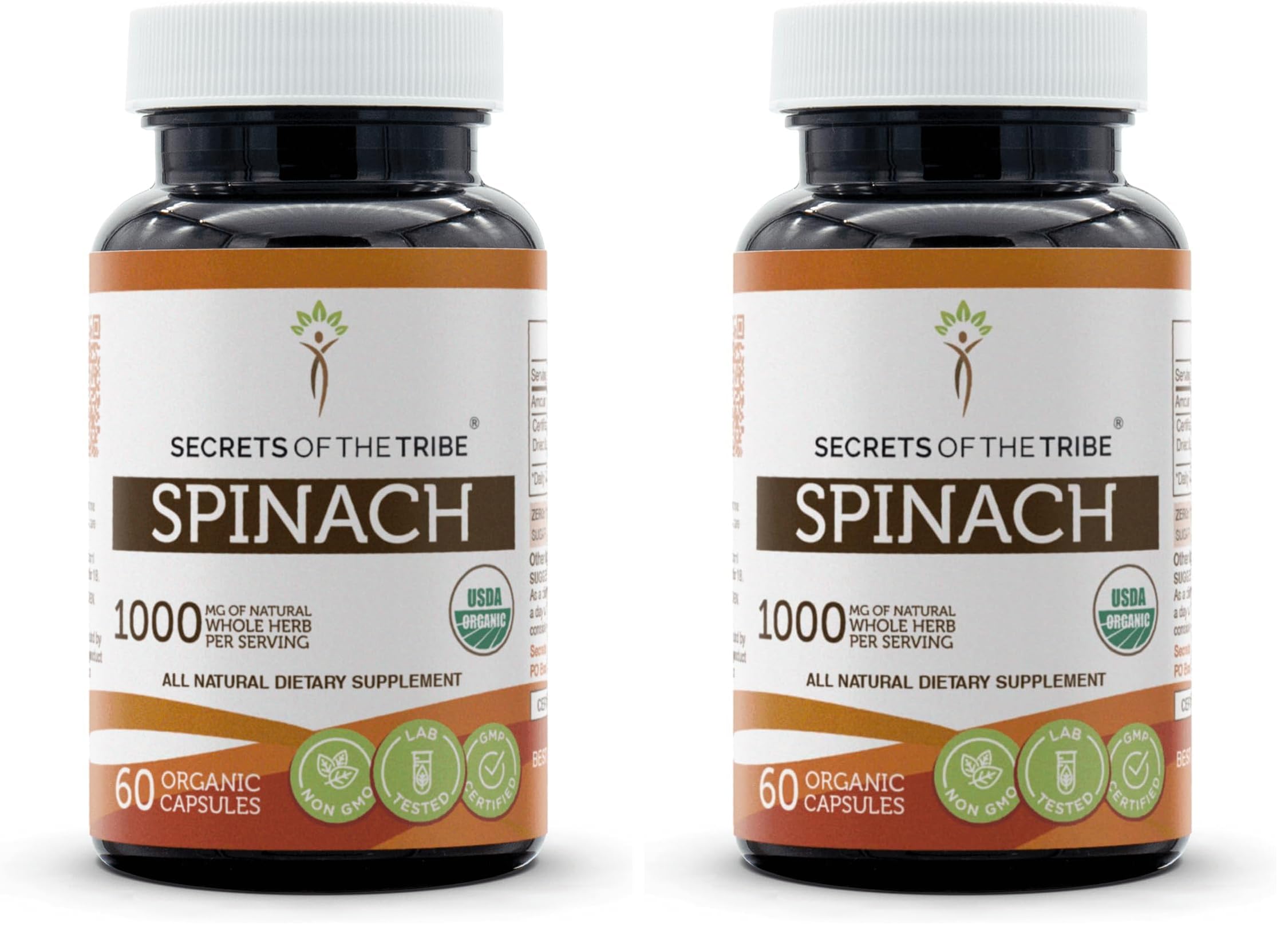 Secrets of the Tribe Spinach capsules front label with USDA organic certification.