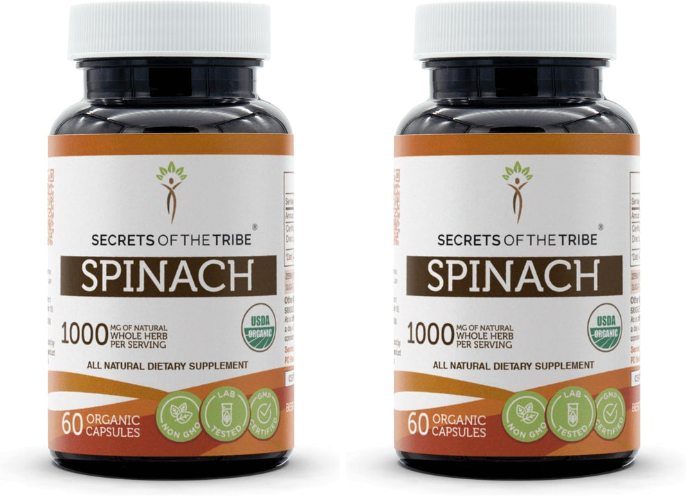 Secrets of the Tribe Spinach capsules front label with USDA organic certification.