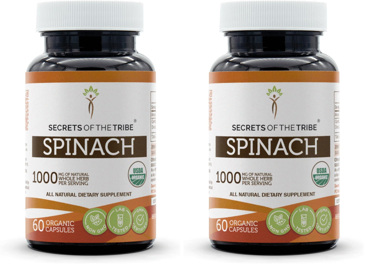 Secrets of the Tribe Spinach capsules front label with USDA organic certification.