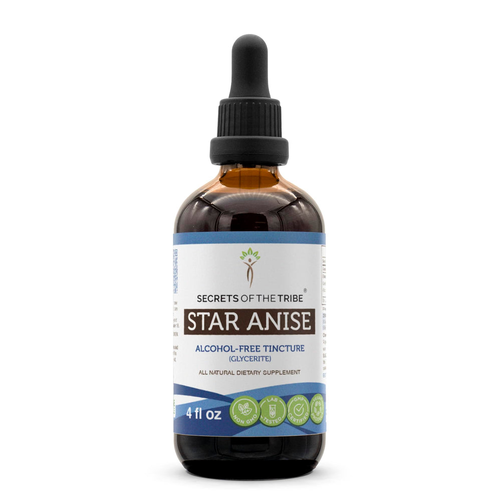 Secrets of the Tribe star anise tincture bottle demonstrates third-party tested purity.