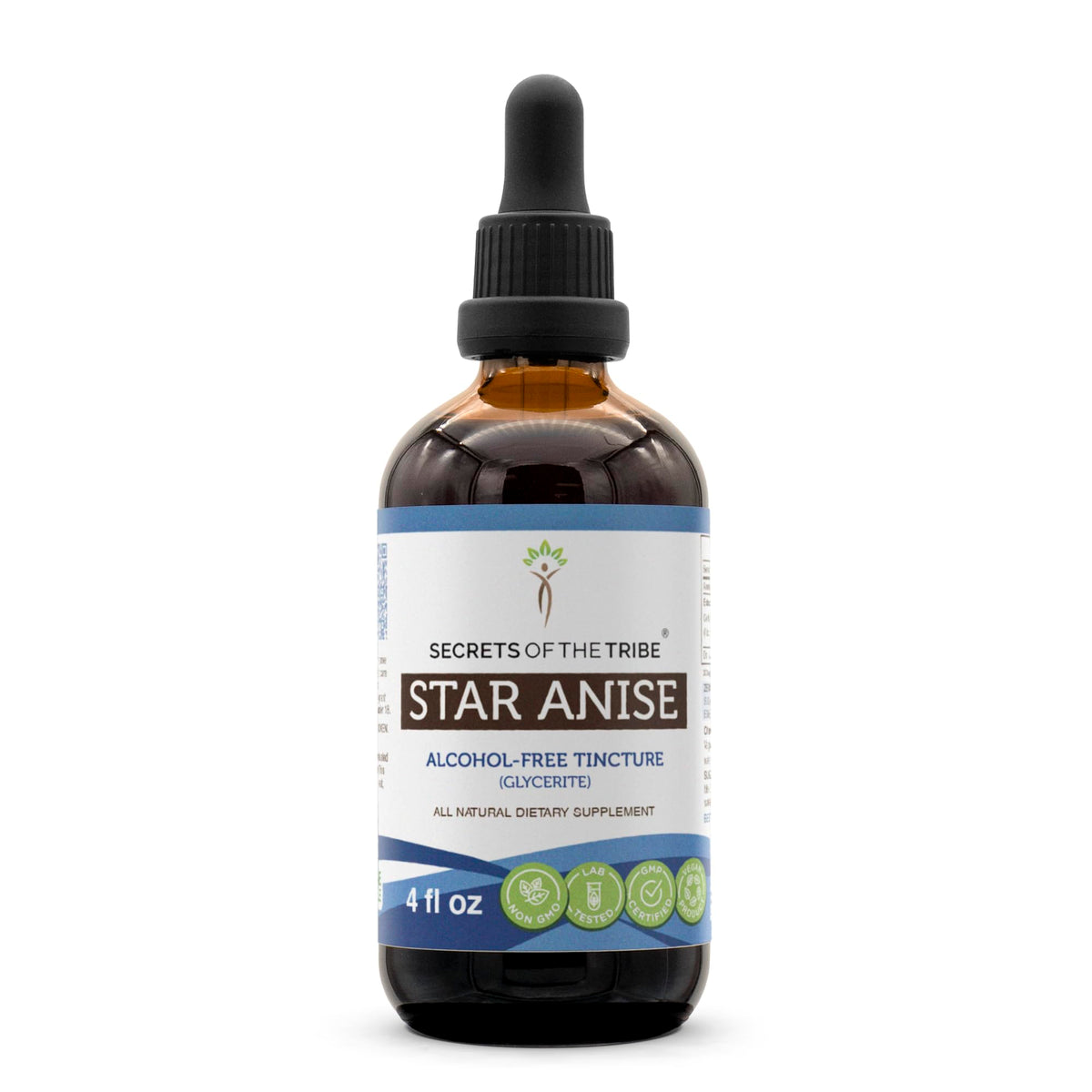 Secrets of the Tribe star anise tincture bottle demonstrates third-party tested purity.