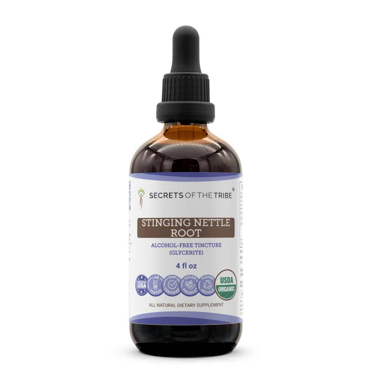 Secrets of the Tribe Stinging Nettle Root bottle top view, premium alcohol-free extract for daily herbal support.