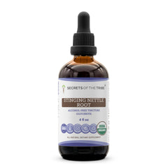 Secrets of the Tribe Stinging Nettle Root bottle top view, premium alcohol-free extract for daily herbal support.