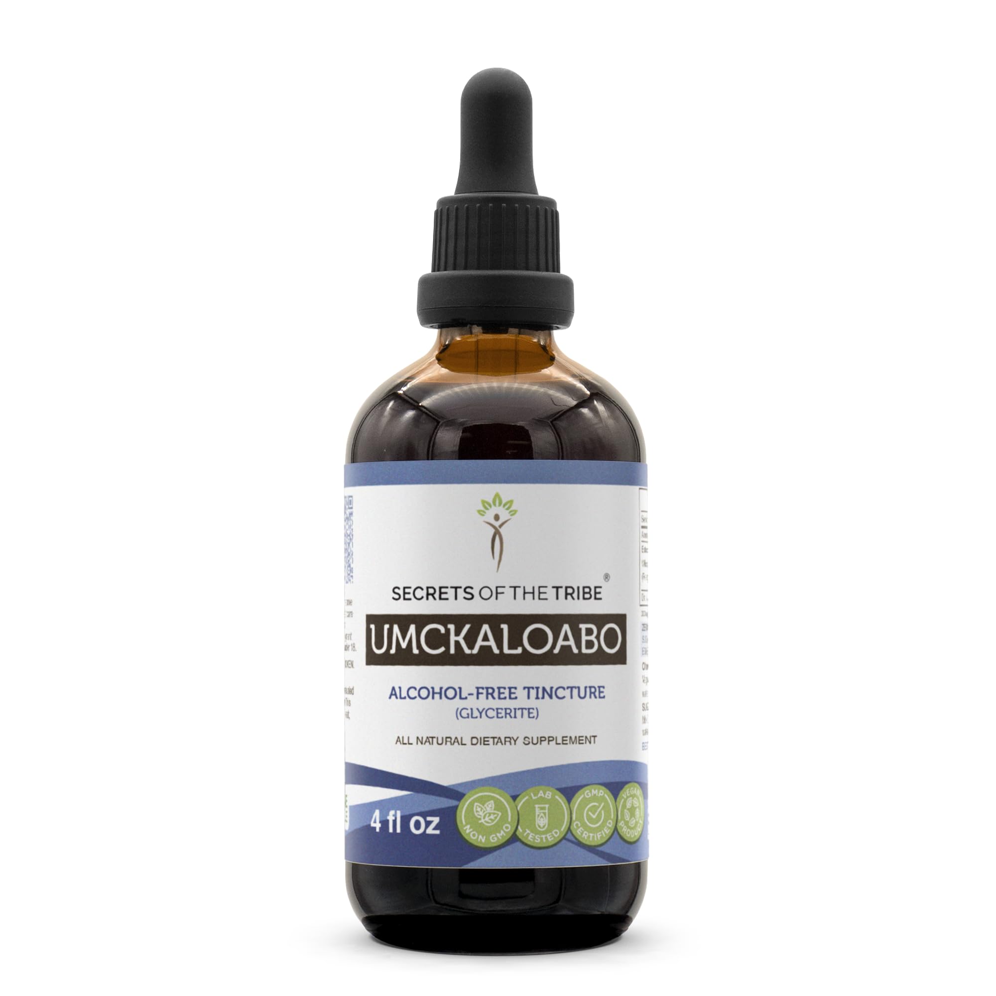 Secrets of the Tribe Umckaloabo tincture bottle—alcohol-free extract for easy absorption.