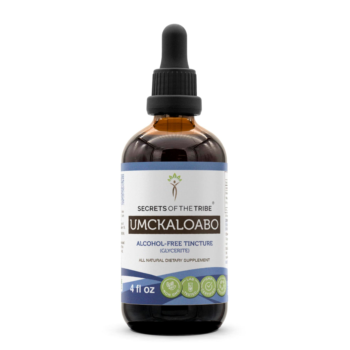 Secrets of the Tribe Umckaloabo tincture bottle—alcohol-free extract for easy absorption.