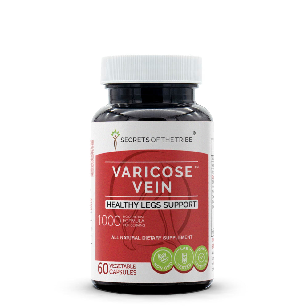 Secrets of the Tribe varicose vein bottle showcases a premium herbal blend for leg support
