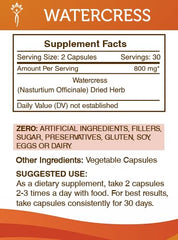 Closeup of Secrets of the Tribe Watercress capsules highlighting high potency herbal supplement.