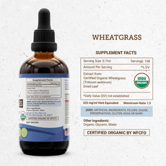 Secrets of the Tribe Wheatgrass leaf close-up highlights vibrant, 100% organic content.