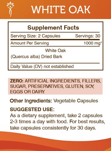 Secrets of the Tribe White Oak capsules close-up showing natural active ingredients