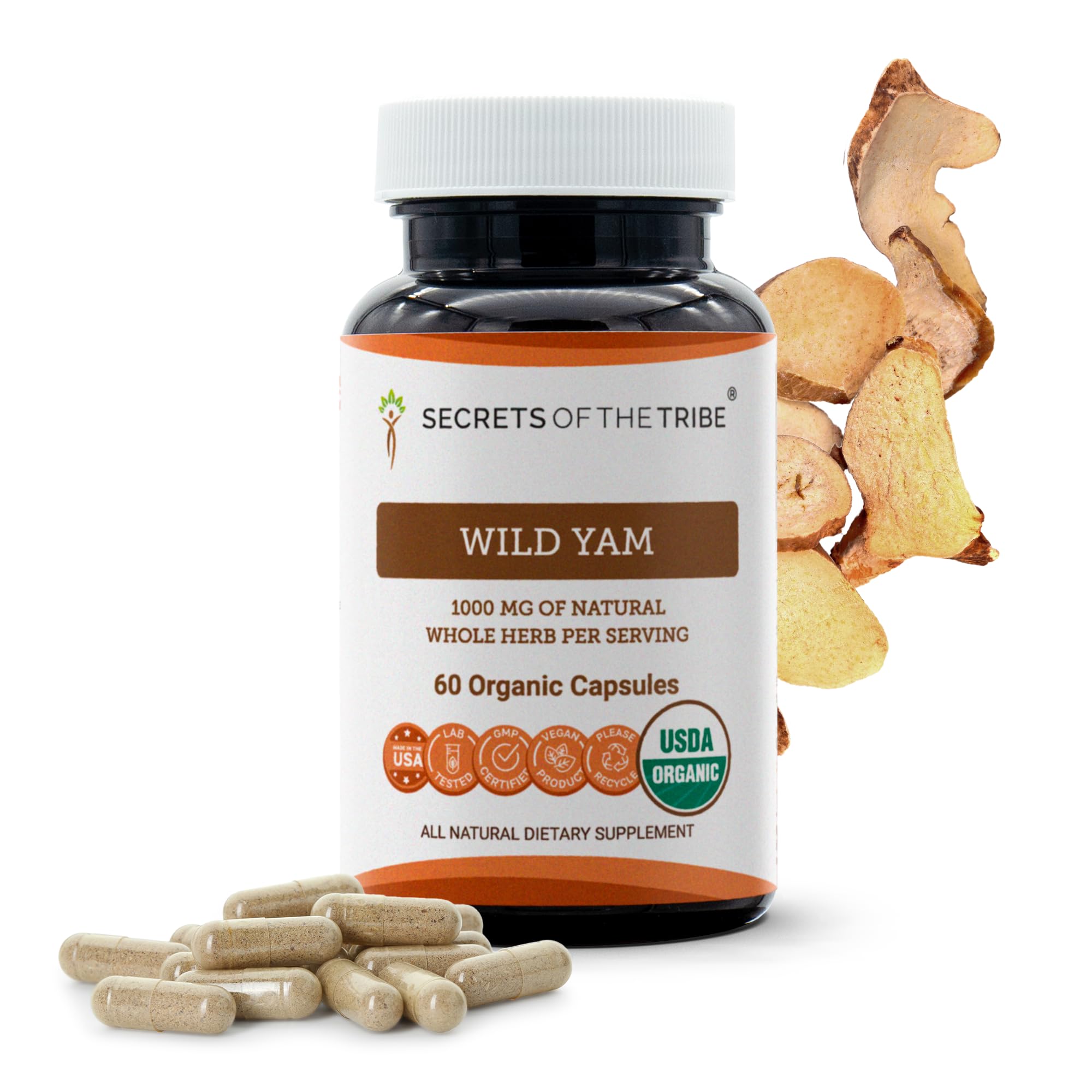 Secrets of the Tribe Wild Yam 60 capsules bottle promotes plant-based daily wellness.
