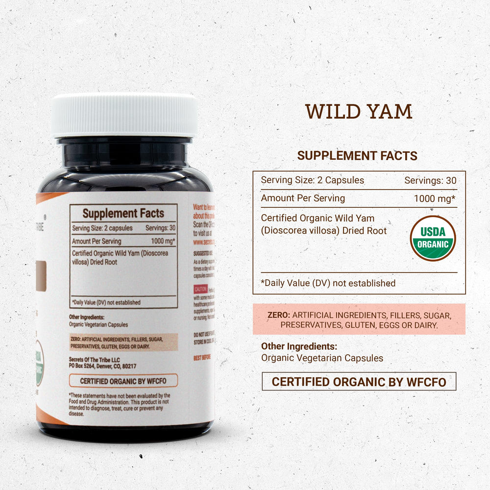 Secrets of the Tribe Wild Yam dried root display emphasizes traditional herbal sourcing.