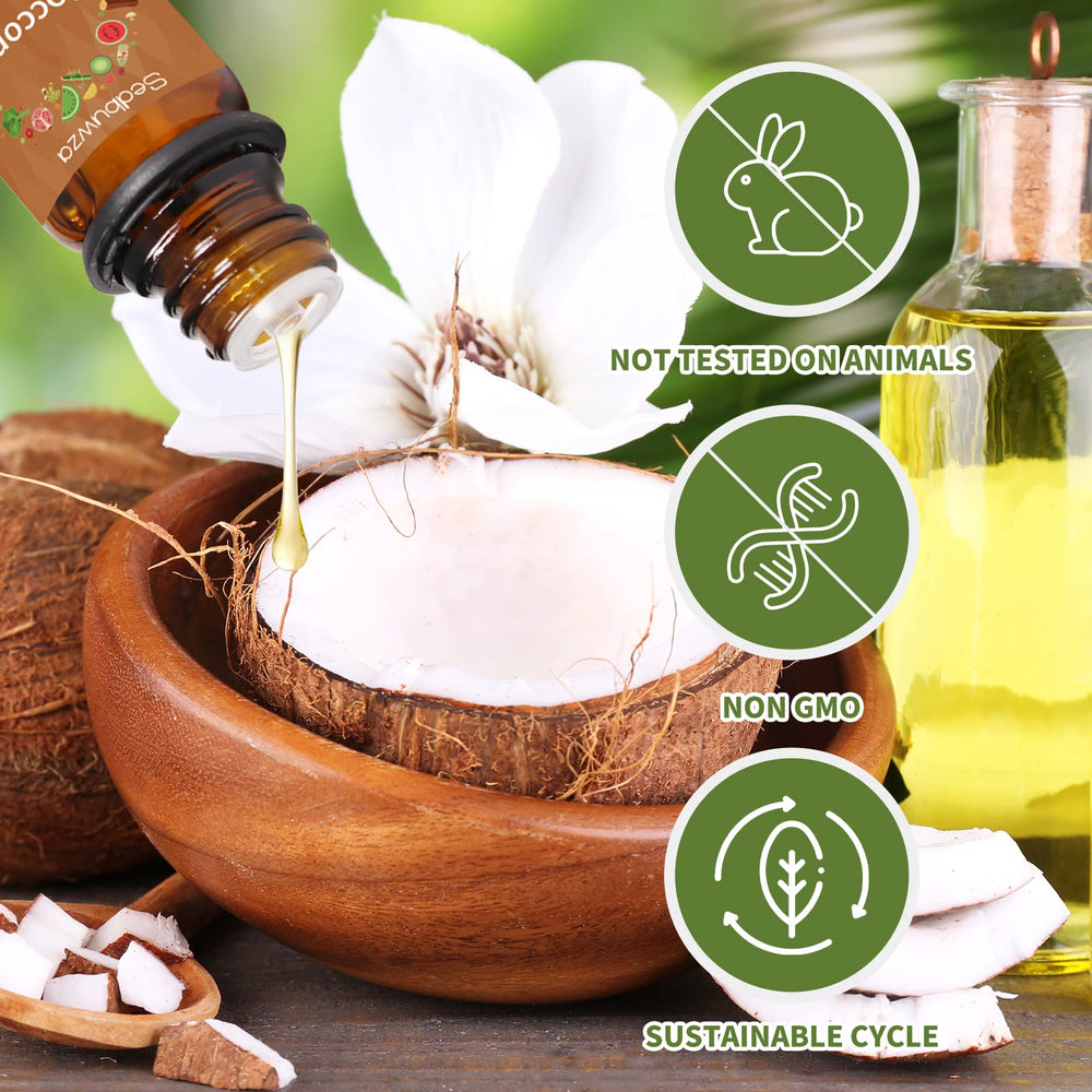 Sedbuwza coconut oil bottle closeup highlighting coconut scent for spa or relaxation.