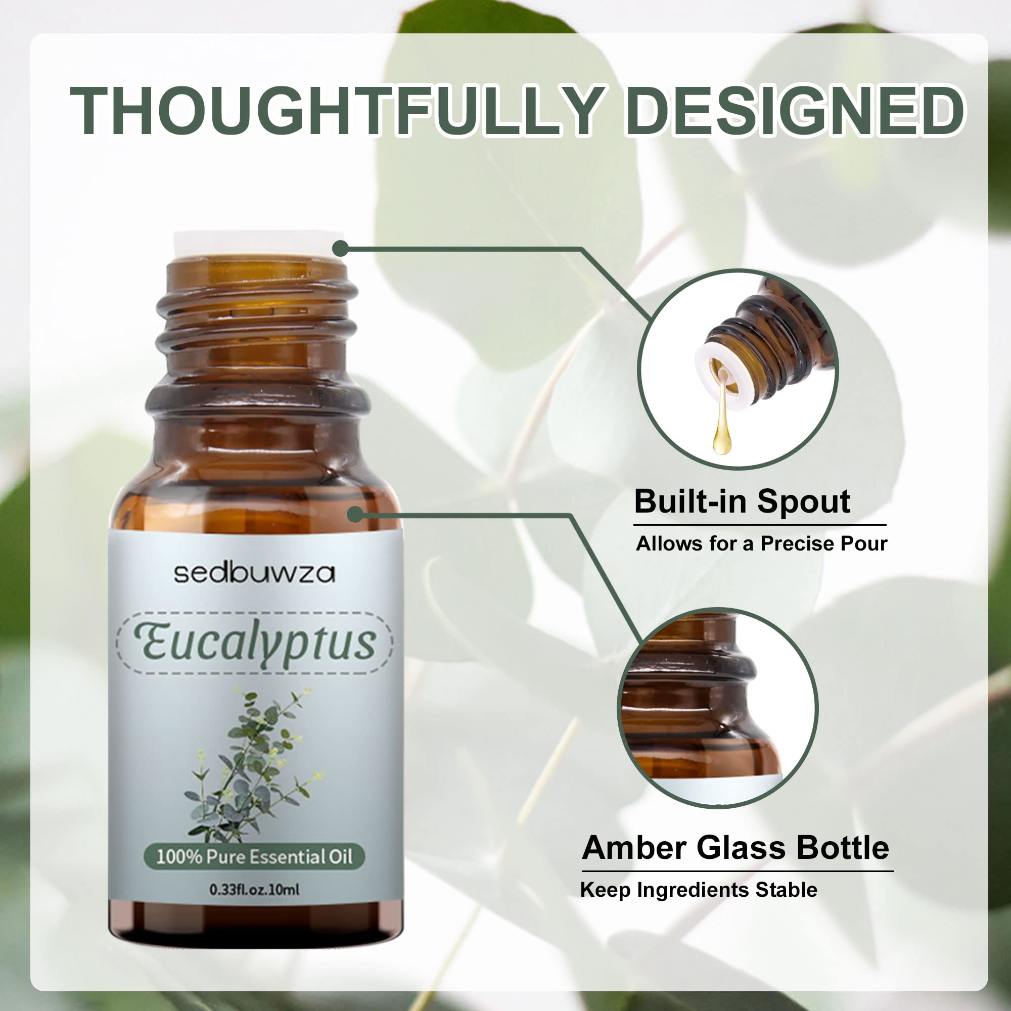 Sedbuwza eucalyptus amber glass bottle closeup protecting aroma from UV