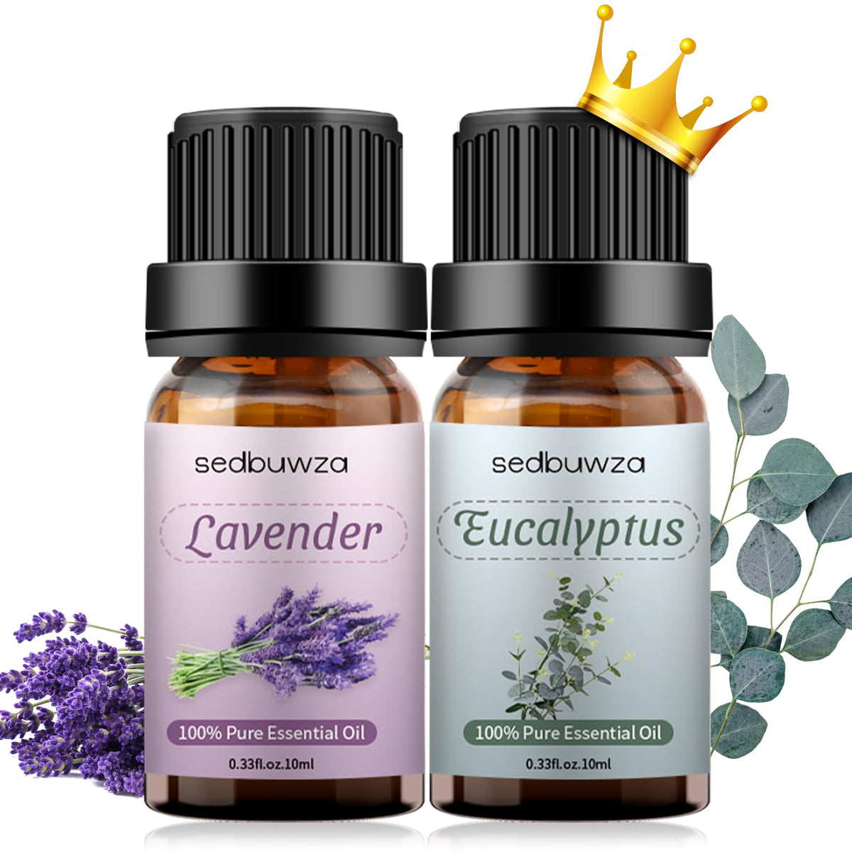 Sedbuwza lavender-eucalyptus set bottles in amber glass preserve aroma for diffusers.