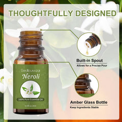 Sedbuwza Neroli oil in amber glass bottle close up showing premium packaging.