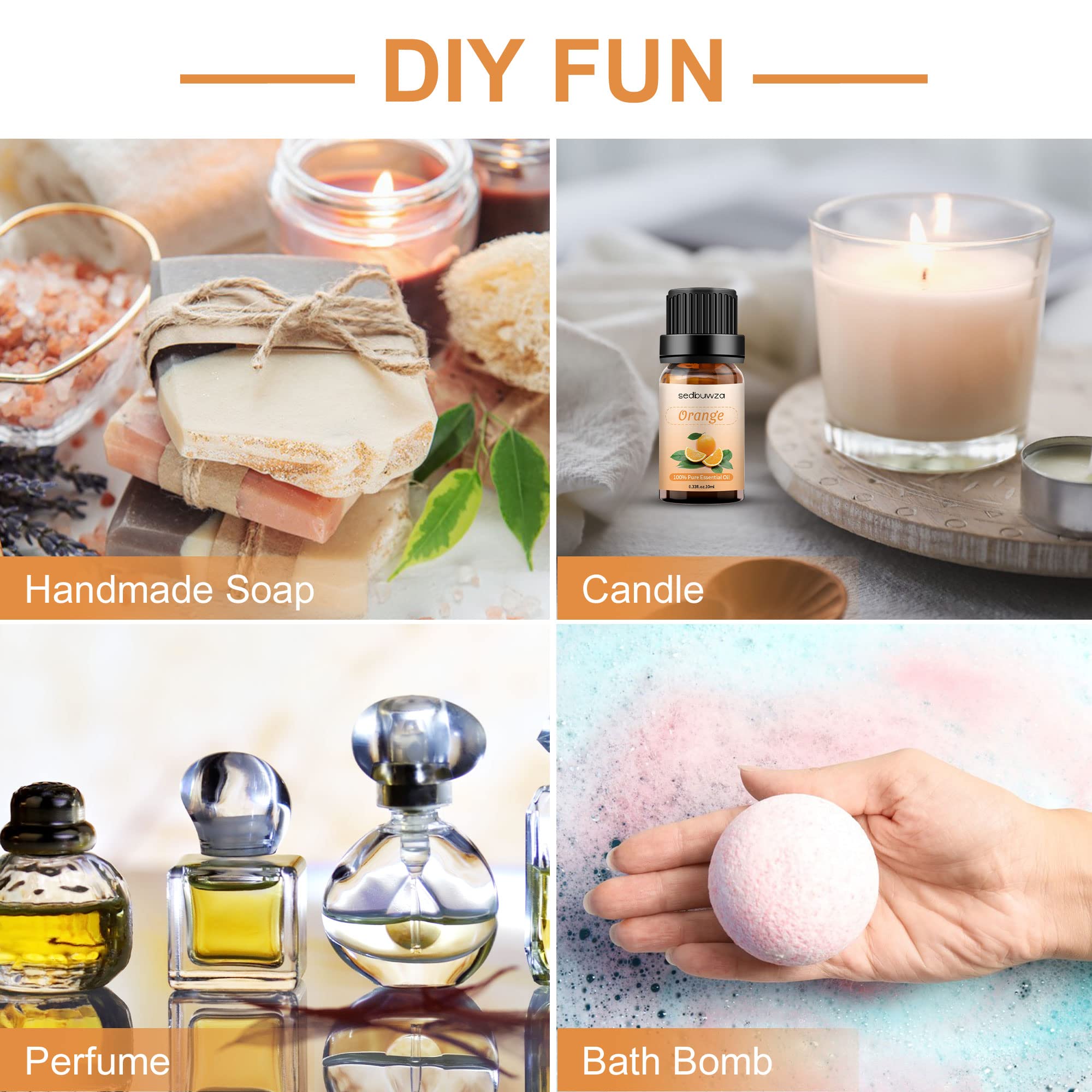 Sedbuwza orange oil adds ambiance to bathroom and living spaces.