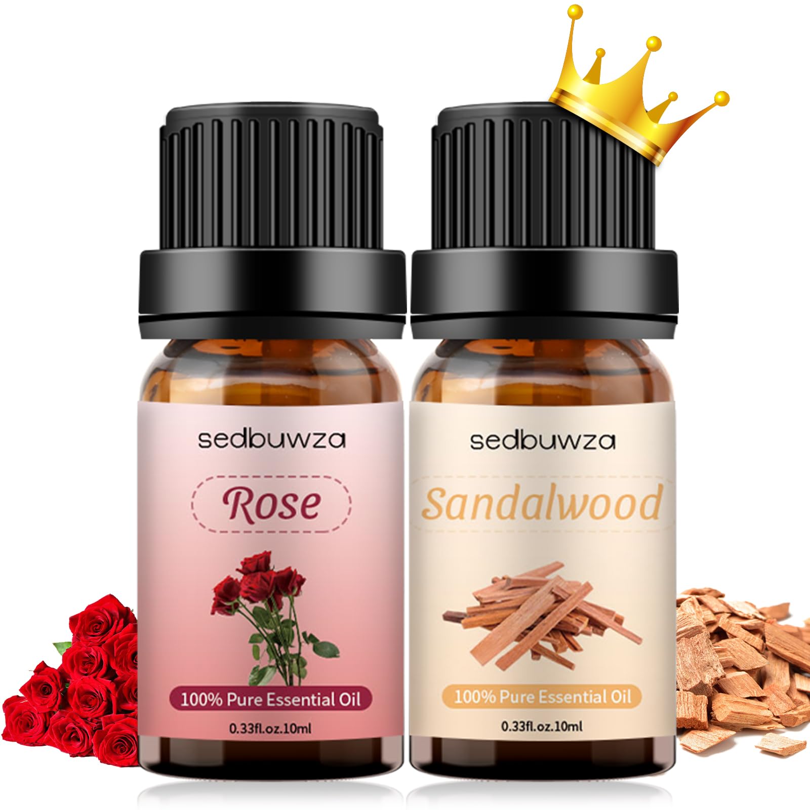 Sedbuwza Rose Sandalwood oil set bottles in amber glass preserving natural aroma and integrity.
