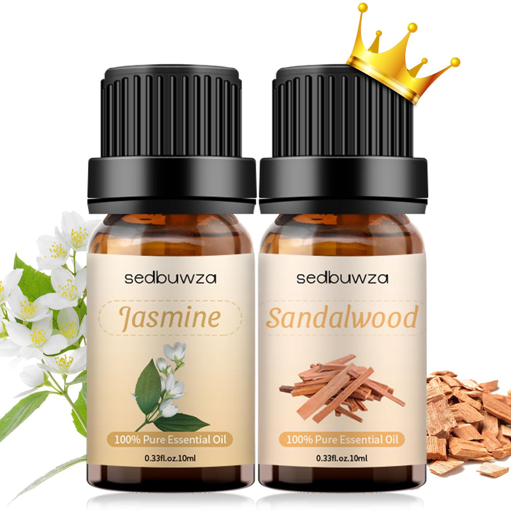 Sedbuwza sandalwood jasmine oil set bottles for diffuser diffusion and calming ambience.