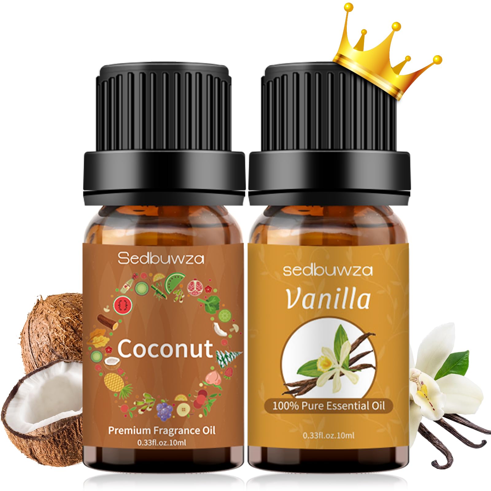 Sedbuwza vanilla coconut set packaging with amber bottles preserves aroma and quality.