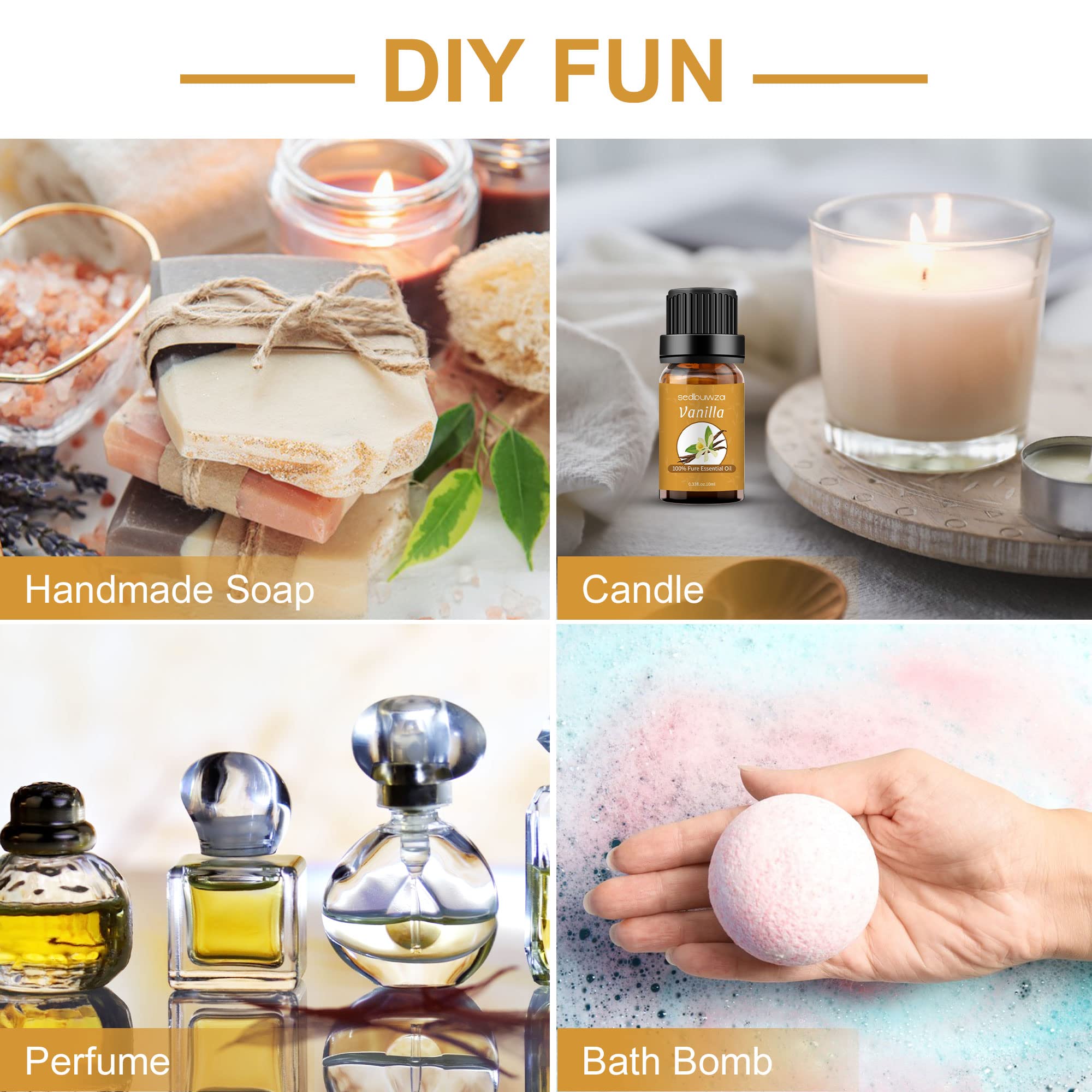 Sedbuwza vanilla oil fragrance in candles for warm aroma.