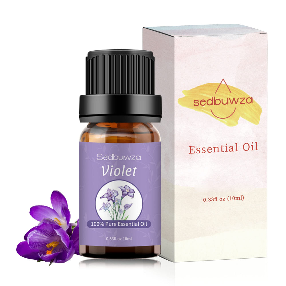 Sedbuwza Violet essential oil in amber glass bottle.