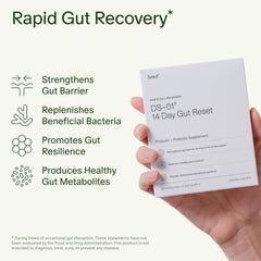 Seed 14 Day Gut Reset bottle back details ingredients and usage for gut support.