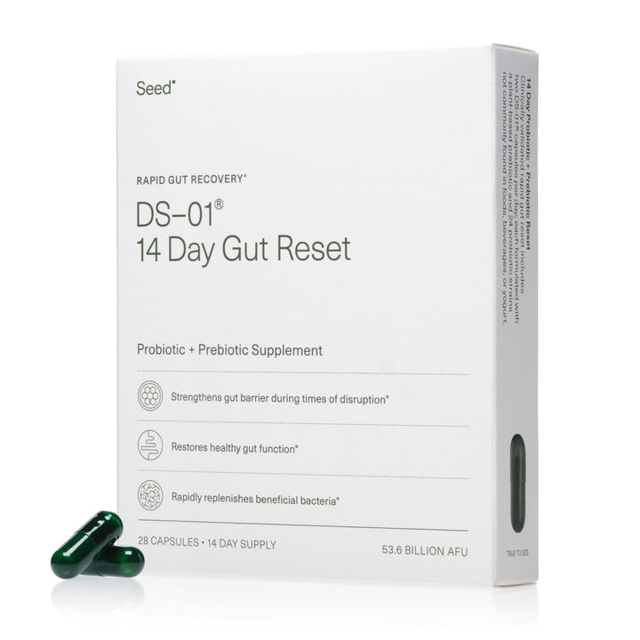 Seed 14 Day Gut Reset bottle front shows convenient gut support capsules.