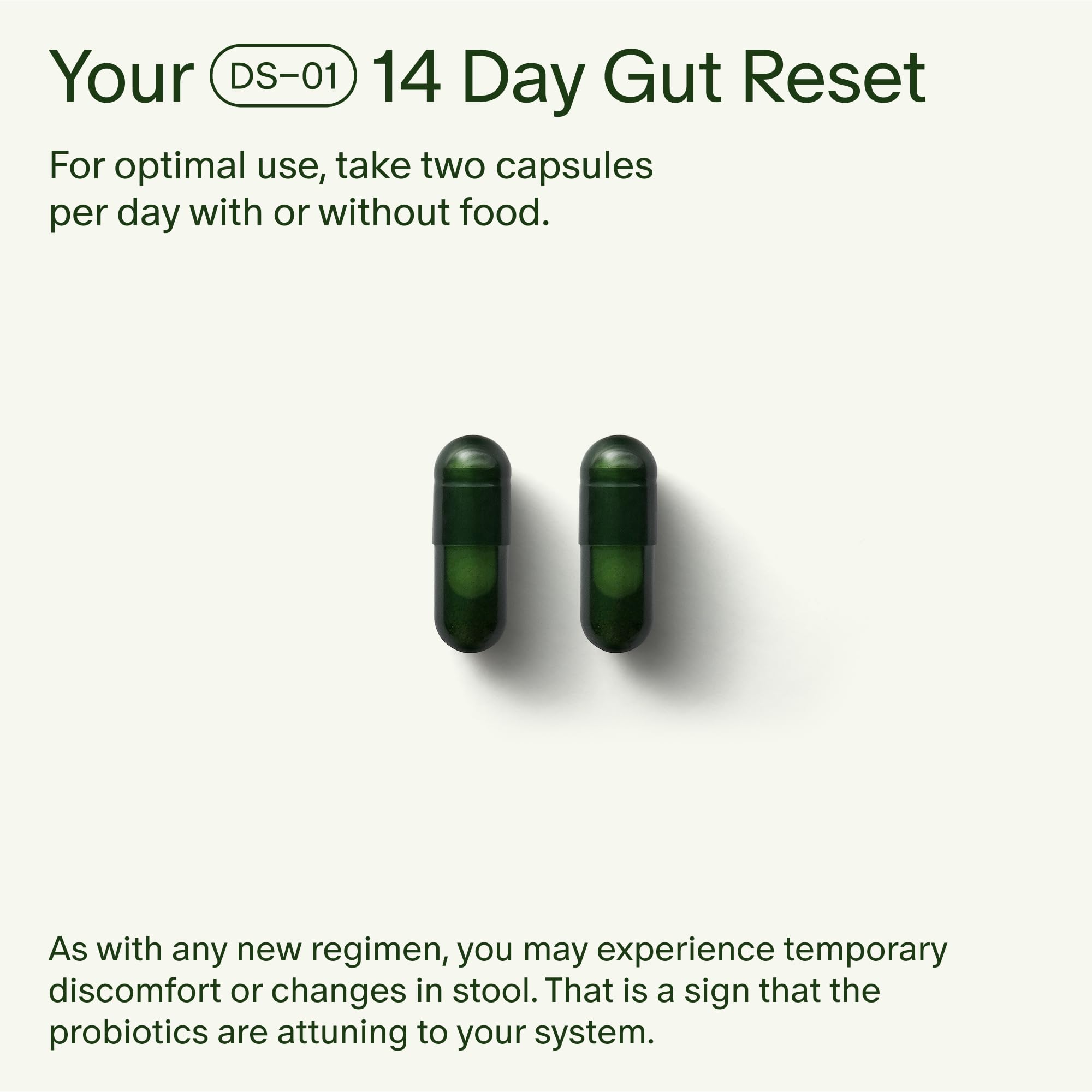 Seed 14 Day Gut Reset capsules close-up highlighting two-capsule daily dose for gut balance.