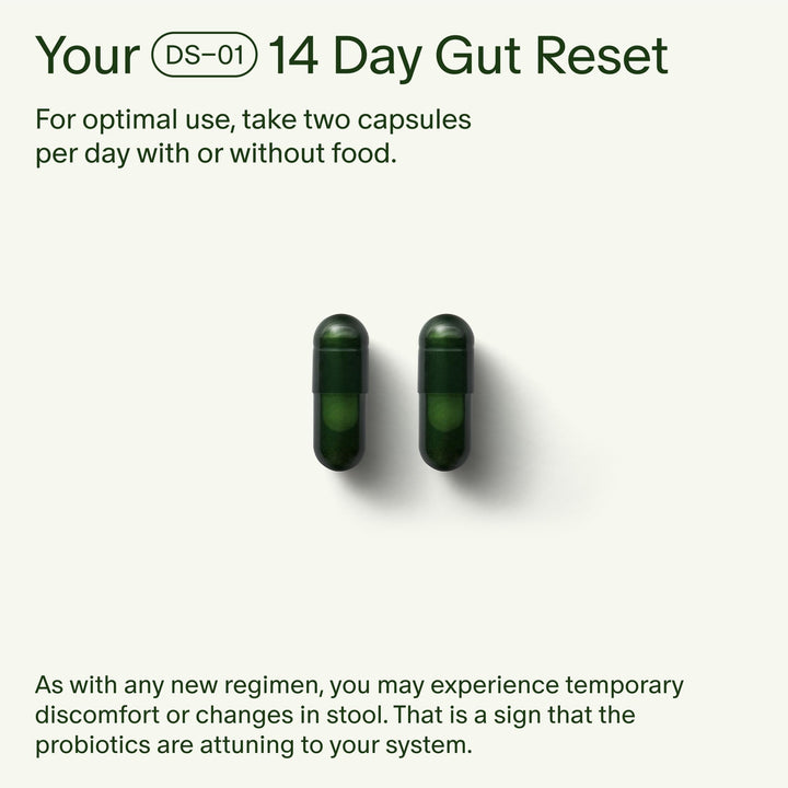 Seed 14 Day Gut Reset capsules close-up highlighting two-capsule daily dose for gut balance.