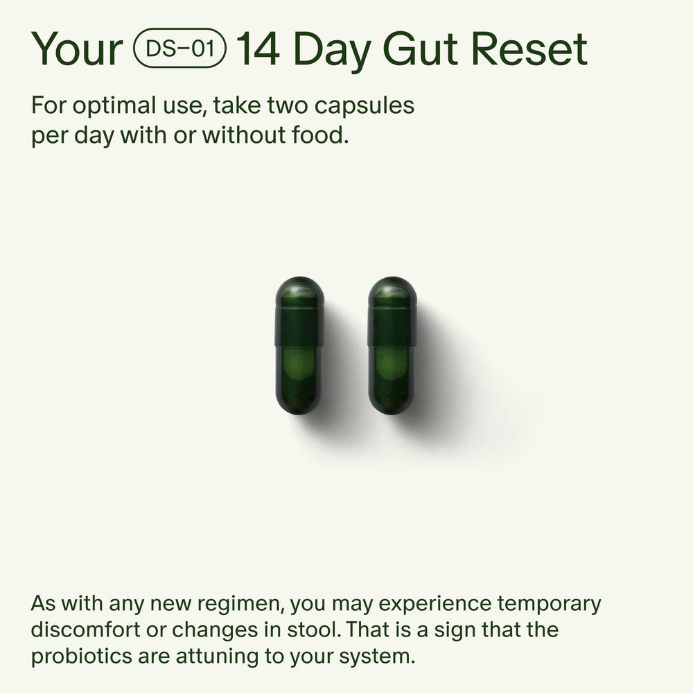 Seed 14 Day Gut Reset capsules close-up highlighting two-capsule daily dose for gut balance.