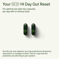 Seed 14 Day Gut Reset capsules close-up highlighting two-capsule daily dose for gut balance.