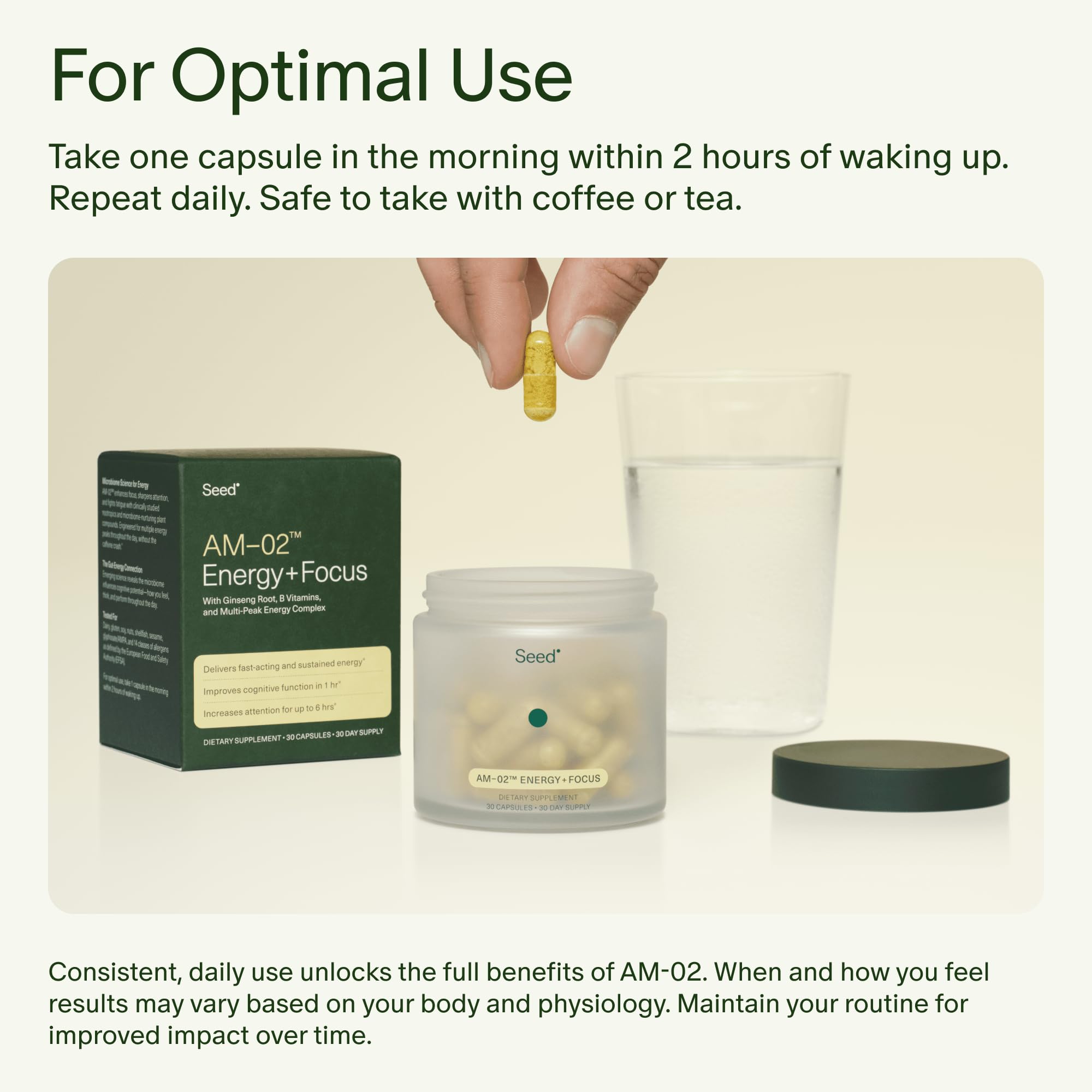 Seed AM-02 ingredients list graphic hinting at gut-brain support
