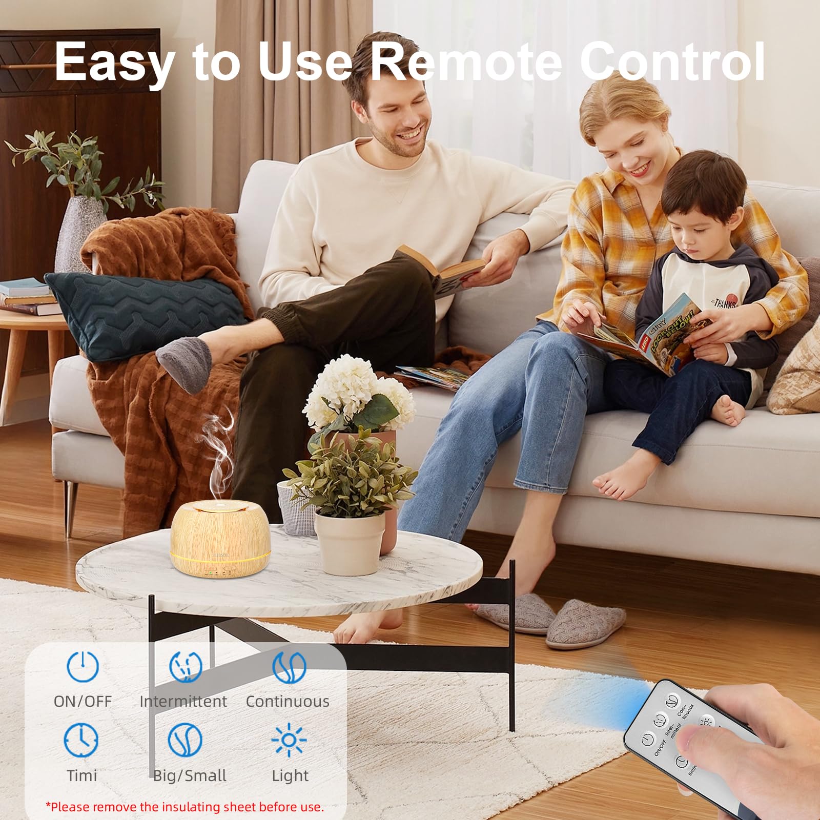 SEEDSEEL diffuser shown with a remote control for effortless adjustments.