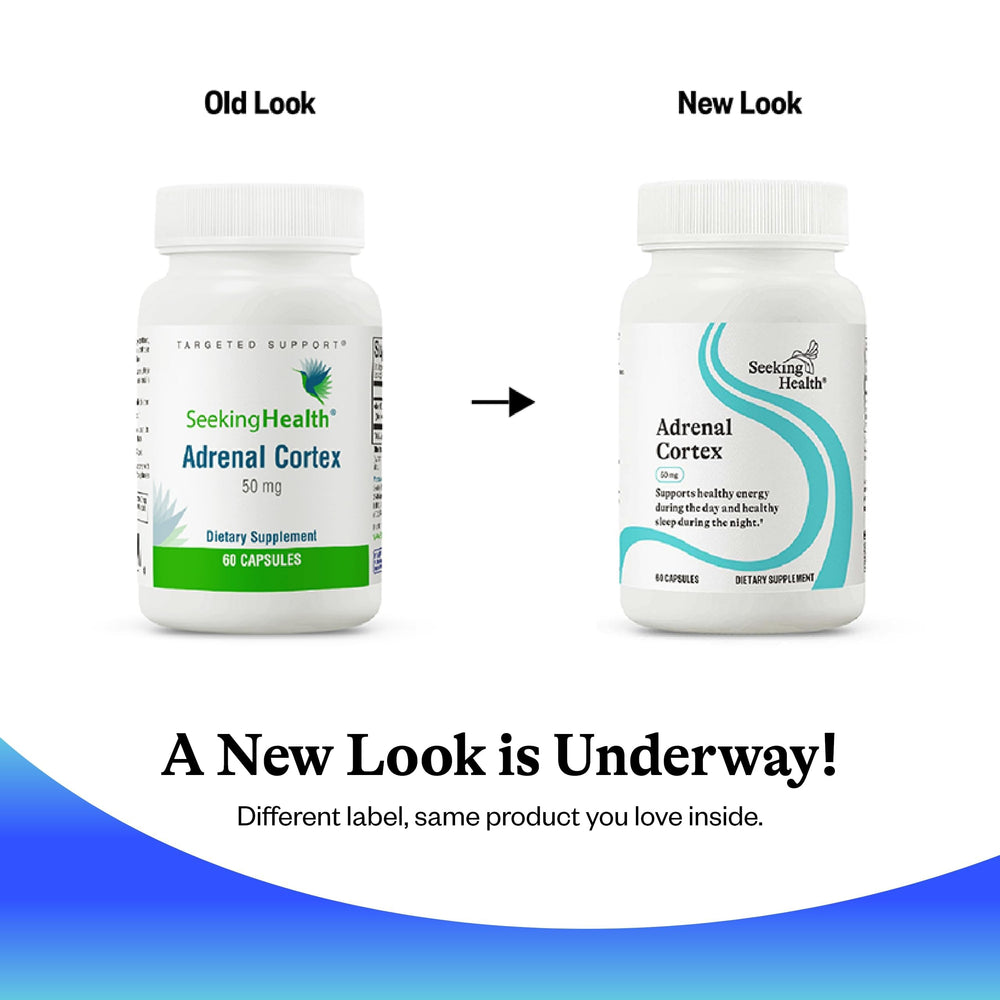 Seeking Health Adrenal Cortex ingredient list noting freeze-dried glandular tissue for energy support