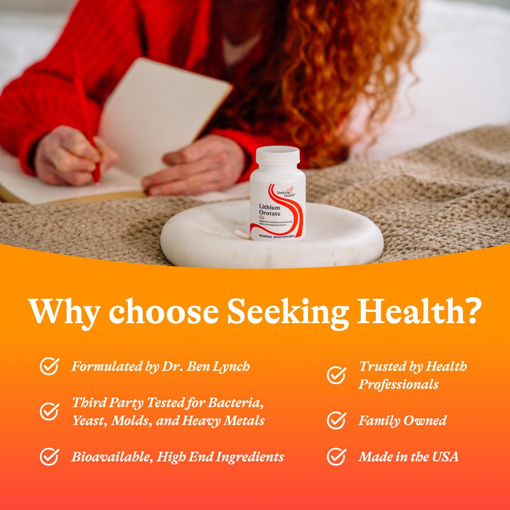 Seeking Health allergen-free seal on Lithium Orotate bottle reassures sensitive users.