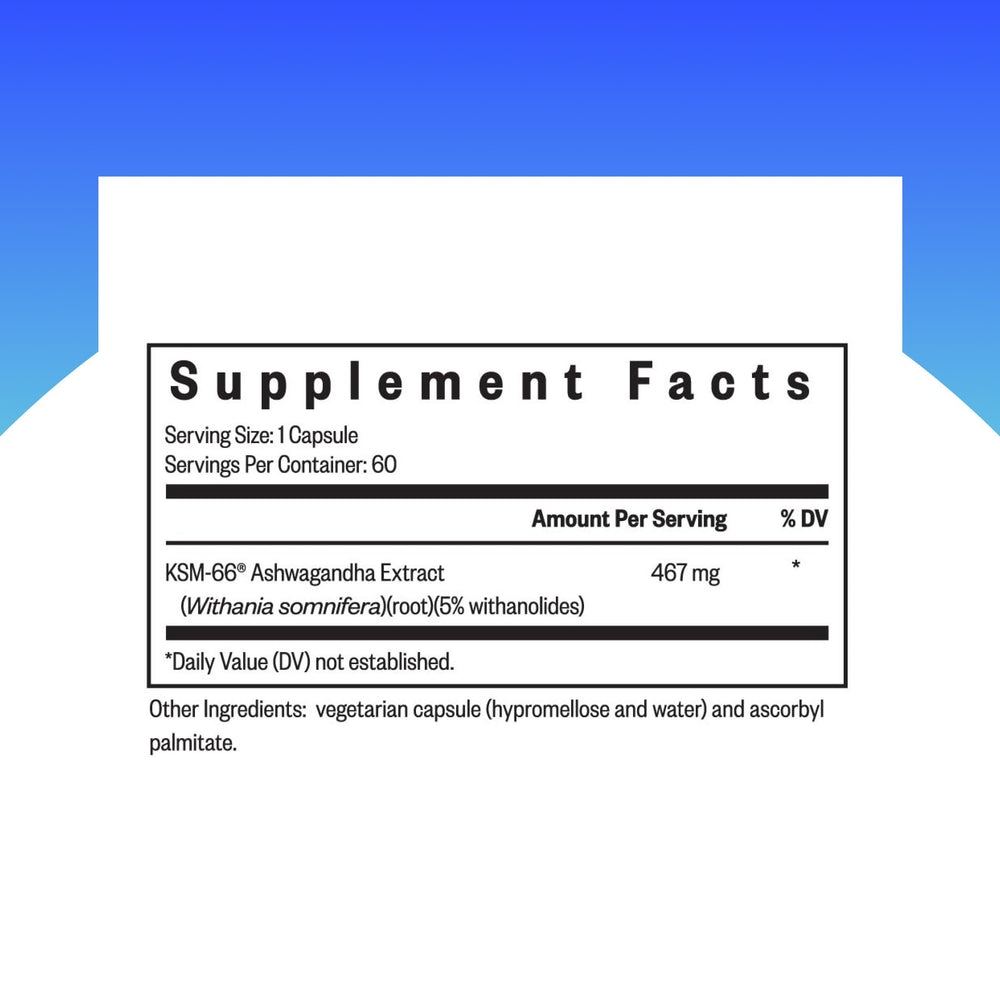 Seeking Health Ashwagandha capsules close-up shows 467 mg dose for focused daily use.