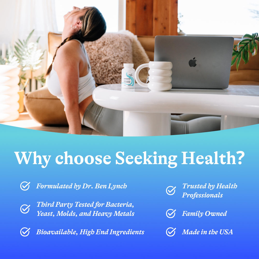 Seeking Health Ashwagandha capsules on kitchen counter for mindful routines.