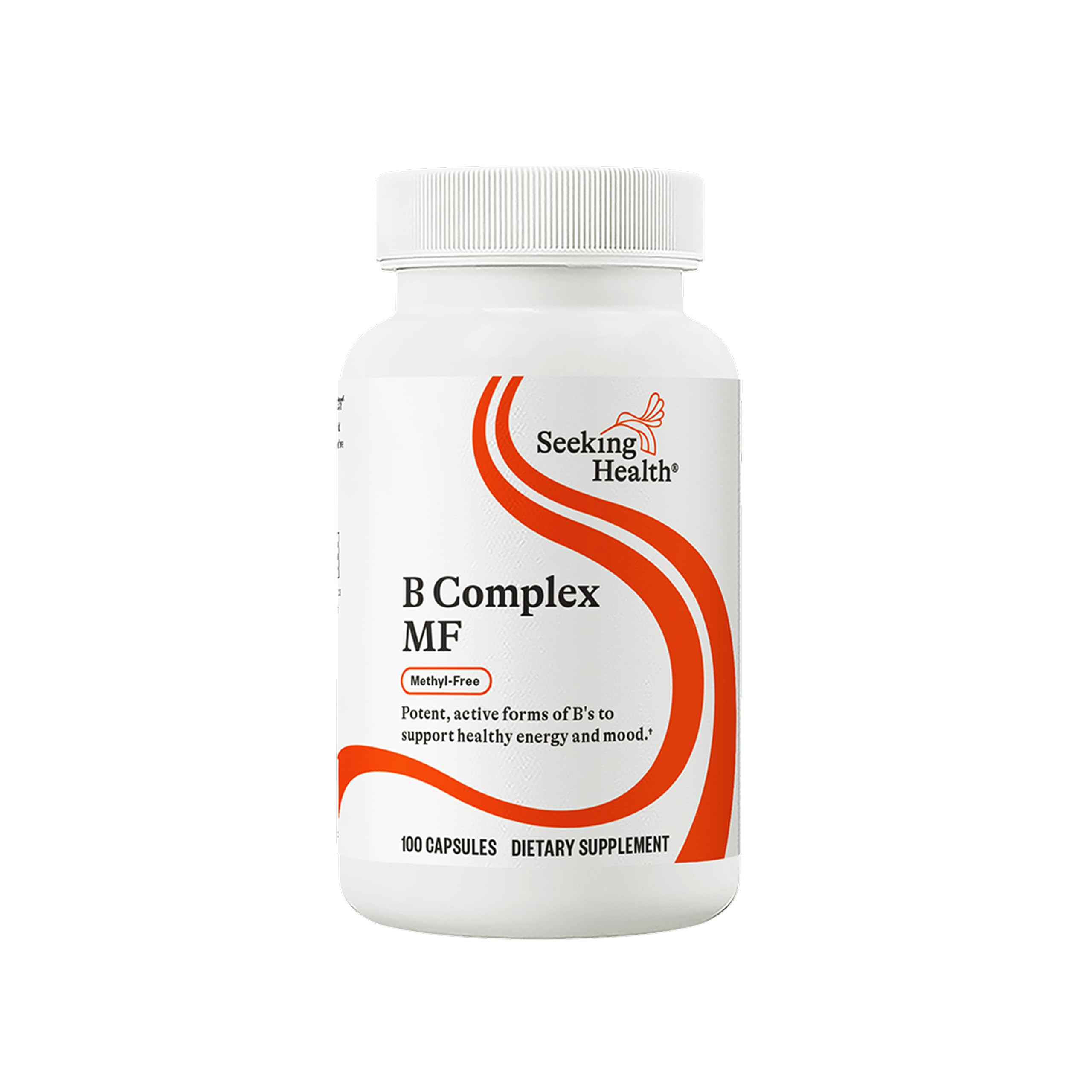 Seeking Health B Complex MF bottle label highlighting essential B vitamins for daily energy support.